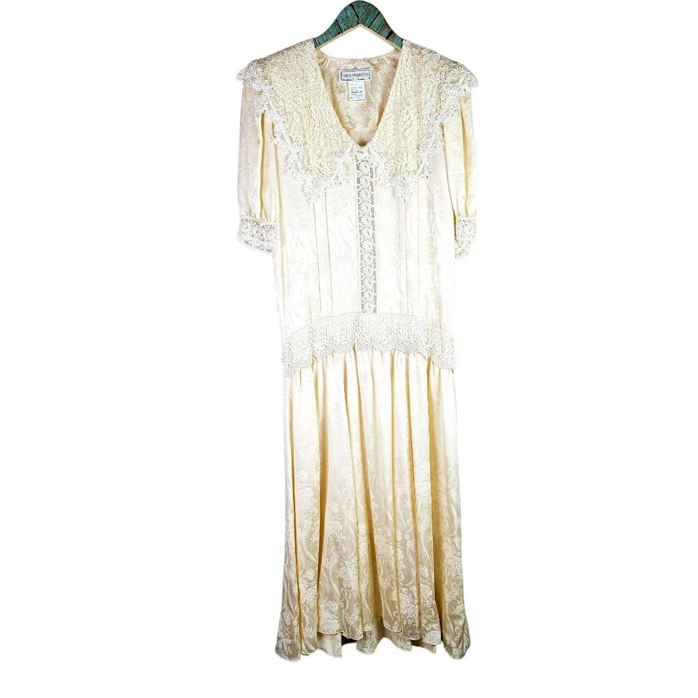 Vintage 1980's Jessica McClintock Lace Big Collar Half Sleeve Jacquard Dress, 4
